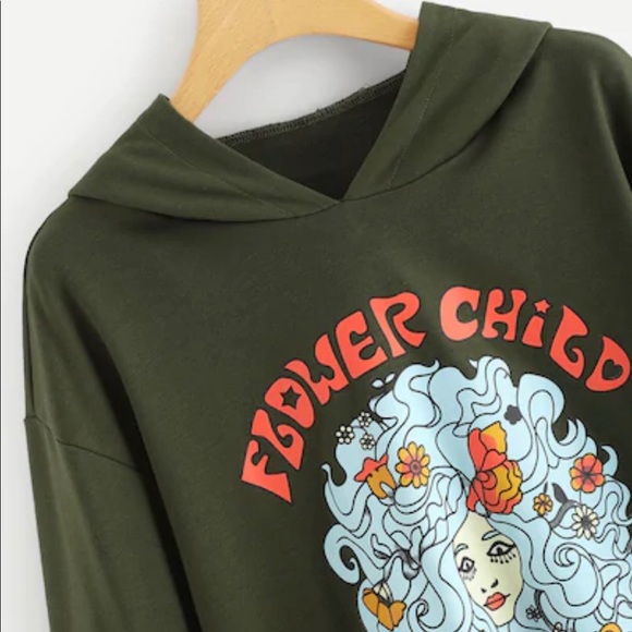 Graphic Flower Child Hoodie Sweater Army Green - Picture 3 of 5